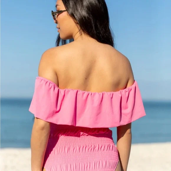 NWT Pink Lily Smocked Off-Shoulder Pink Swimsuit - Picture 4 of 4